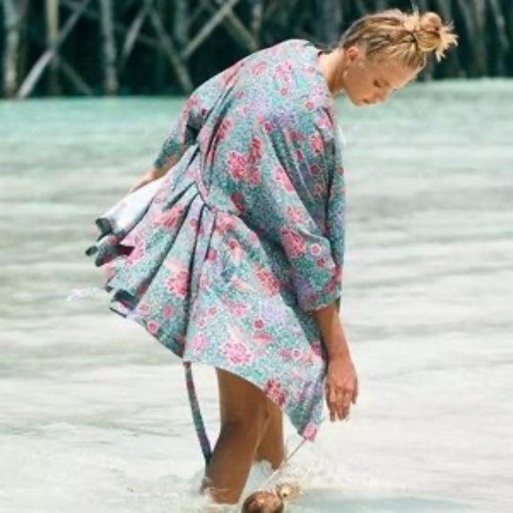 Teal Boho Floral Short Kimono Wrap Coverup Robe - Picture 3 of 14